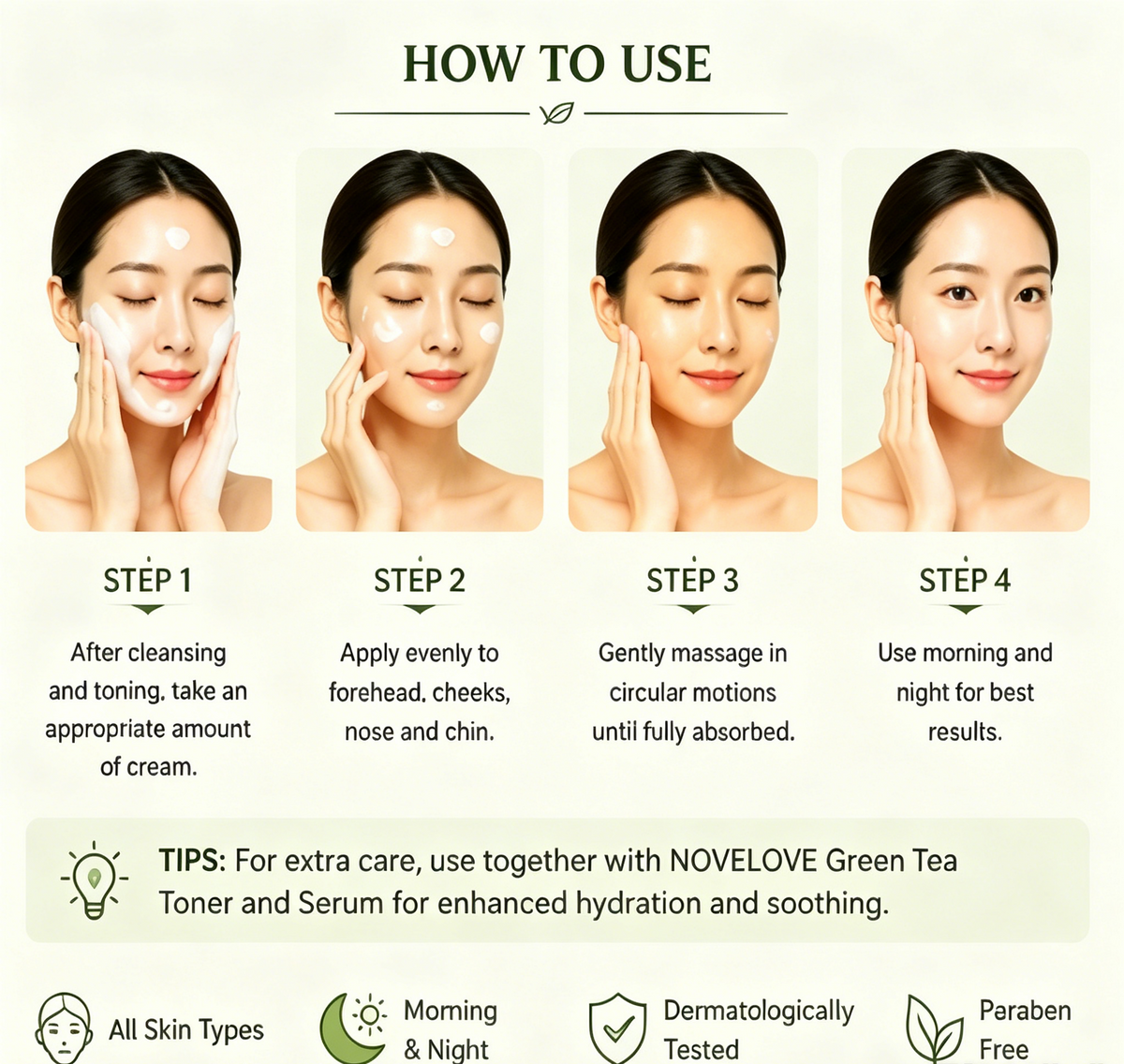 NOVELOVE® Crème de nuit hydratante au thé vert